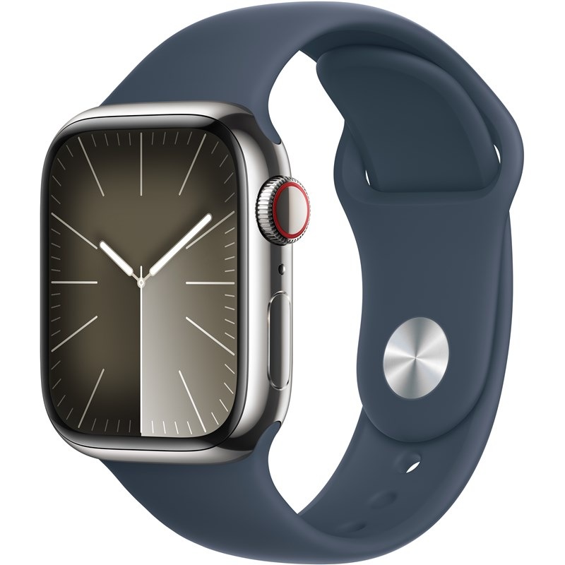 Chytré hodinky Apple Watch Series 9 GPS + Cellular 41mm pouzdro ze stříbrné nerezové oceli - bouřkově modrý sportovní řemínek - S/M
