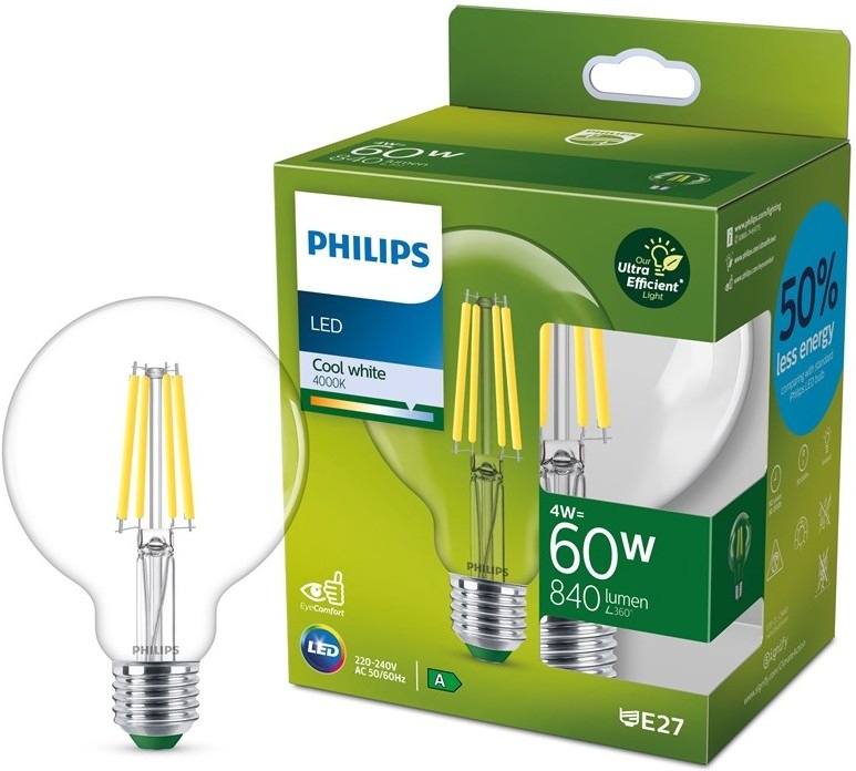 Žárovka LED Philips 60W, filament, G95, E27, neutrální bílá
