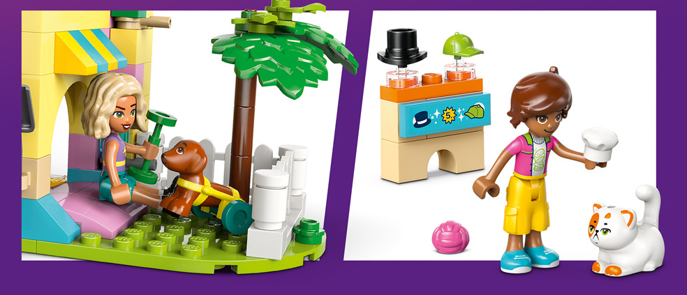 Stavebnice LEGO® Friends 42650 Obchod s doplňky pro mazlíčky Budova ve tvaru psa nabízí pohyblivou mašli a obočí, které spolu s minipanenkami LEGO zpestřují hraní a péči o zvířata.