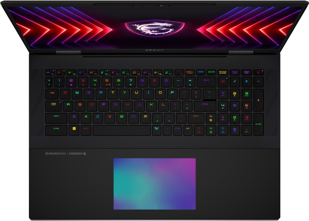 Notebook MSI Titan 18 HX A2WJ-1286CZ černý Pohled shora na mechanickou klávesnici Cherry MX Ultra Low Profile s podsvícením a velký touchpad notebooku MSI Titan 18 HX