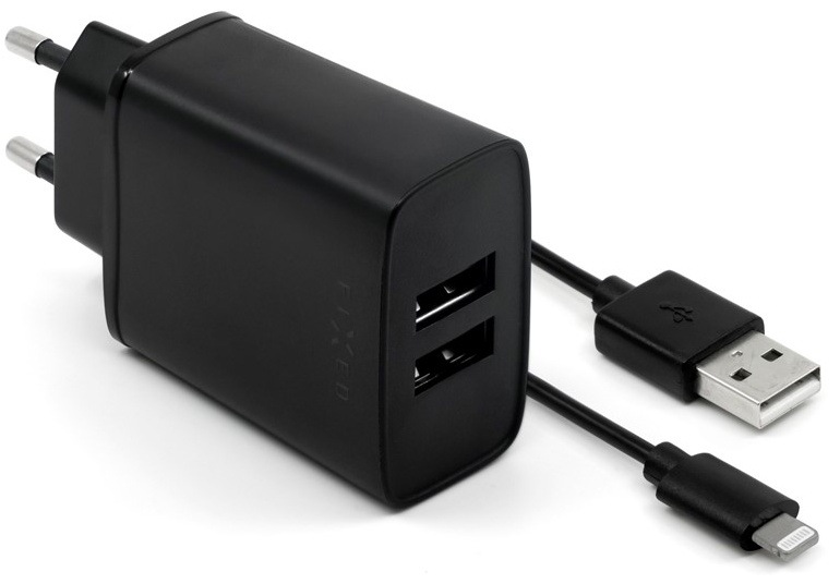 Nabíječka do sítě FIXED 2x USB, 15W Smart Rapid Charge + Lightning MFi kabel 1m černá