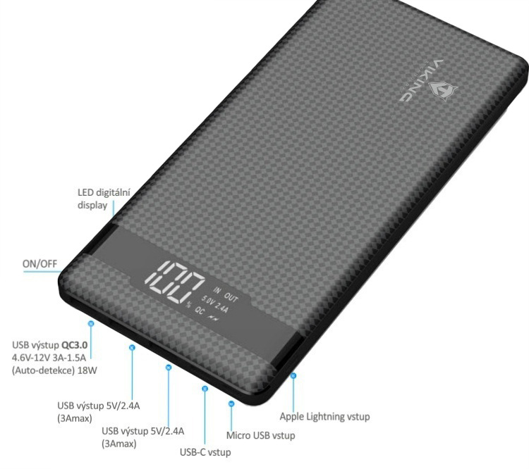 Powerbanka Viking 20000 mAh, QC 3.0, USB-C, Lightning černá Powerbanka Viking 20000 mAh, QC 3.0, USB-C, Lightning černá