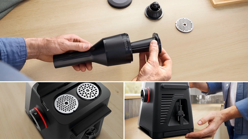 Mlýnek na maso Bosch MultiPower Series 8 MFWS820M nerez Tři obrázky znázornující mlýnek Bosch Series 8 a přihrádku na kabel, přihrádku na kotouče a pěchovadlo