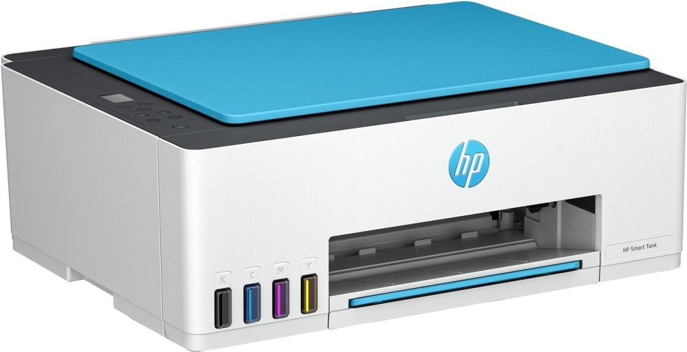 Tiskárna multifunkční HP Smart Tank 596 černá/bílá/modrá Pohled ze strany na tankovou inkoustovou tiskárnu HP Smart Tank 596