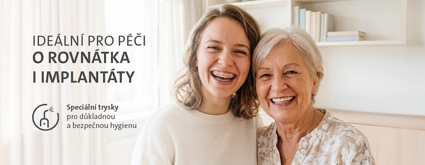Ústní sprcha ETA AquaCare Plus 1708 90000 bílá Banner ústní sprchy ETA AquaCare Plus: Úsměv mladé ženy s rovnátky a starší ženy s implantáty, doplněný textem Ideální pro péči o rovnátka i implantáty a informací o speciálních tryskách
