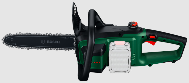 Řetězová pila Bosch PKE 18V-30-28 (bez baterie) Detail akumulátorového prostoru a rukojeti řetězové pily Bosch PKE 18V-30-28 s ovládacími prvky
