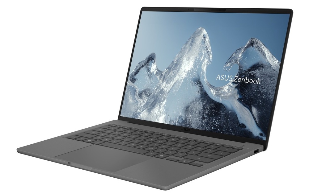 Notebook Asus Zenbook A14 šedý Otevřený a zapnutý notebook ASUS Zenbook A14 otočený doleva