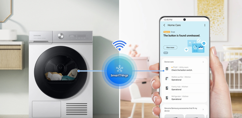Aplikace SmartThings na mobilním telefonu, propojení se sušičkou