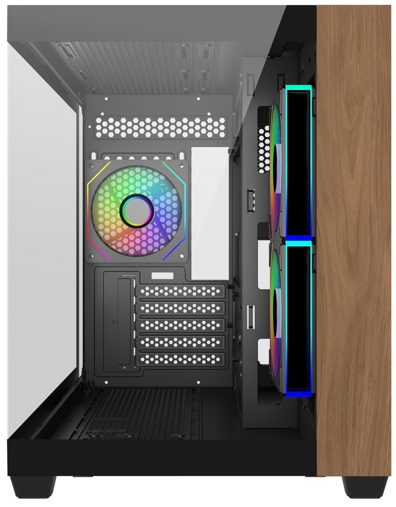 Na snímku je pohled přes levý přední roh do útrob prosklené pc skříně. Jsou vidět svítící ventilátory a na pravé straně svislá hnědá dřevěná lišta. Dále je na snímku vidět i horní kryt skříně a perforované dno i zadní stěna.