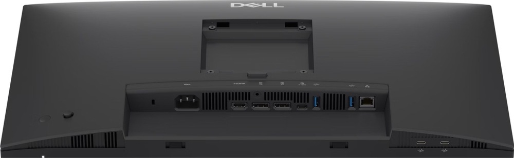 Monitor Dell Pro P 24 P2426HE šedý Zadní pohled na šedý monitor Dell Pro P 24 P2426HE. V zapuštěném panelu jsou napájecí konektor, HDMI, vstup a výstup DisplayPort, USB-C, dva porty USB-A a síťový konektor RJ45. Na spodní hraně jsou další dva porty USB-C a nahoře uchycení stojanu nebo držáku VESA.