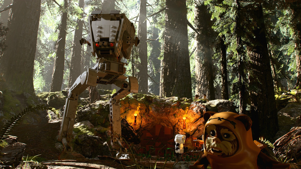 Na obrázku vidíme vozidlo Impéria rozsévajícího zkázu na planetě Endor v lesním prostředí s prchajícím Ewokem v popředí.