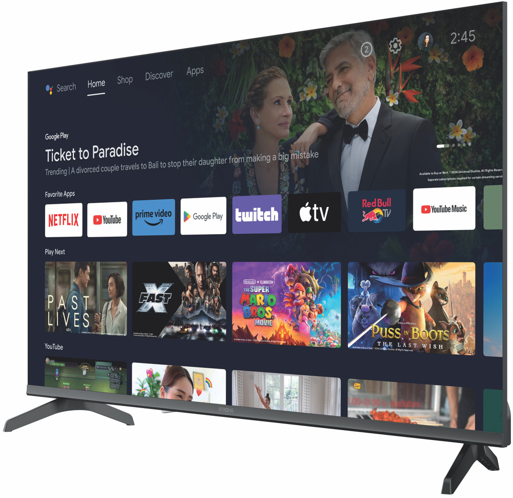 Televize Strong SRT40FH5553 na bočních nožkách.