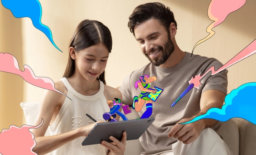 Grafický tablet UGEE UT2 černý Otec sedí u dívky, která si kreslí na tabletu UGEE UT2