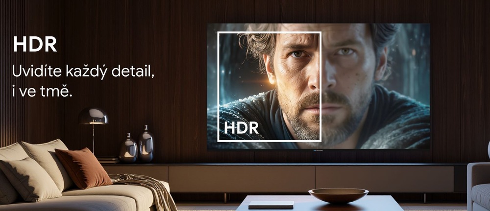 Televize Blaupunkt 40FGC5501S V obývacím pokoji je velká obrazovka zobrazující mužskou postavu se soustředěným výrazem. Nápisy HDR a Uvidíte každý detail i ve tmě.