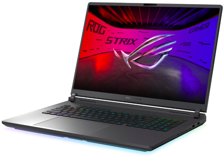 Asus ROG Strix G18 z bočního úhlu s podsvícenou klávesnicí a 18" displejem