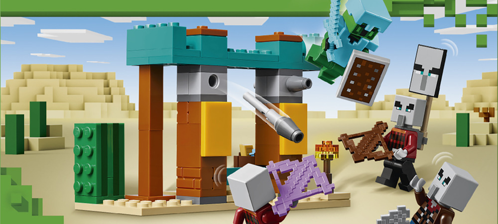 Stavebnice LEGO® Minecraft® 21267 Pouštní hlídka zákeřníků Pohybem prstu můžete odpálit raketové střely a bránit sud s pokladem před útokem zákeřníků.