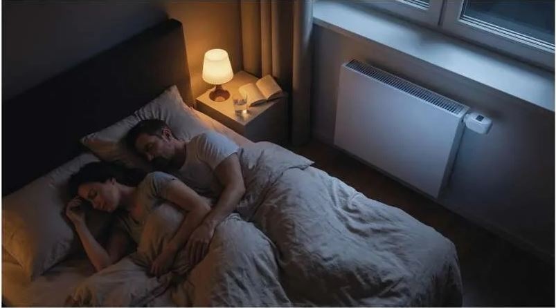 Termostatická hlavice EMOS GOSMART P5631S, digitální bílá Muž se ženou leží v posteli