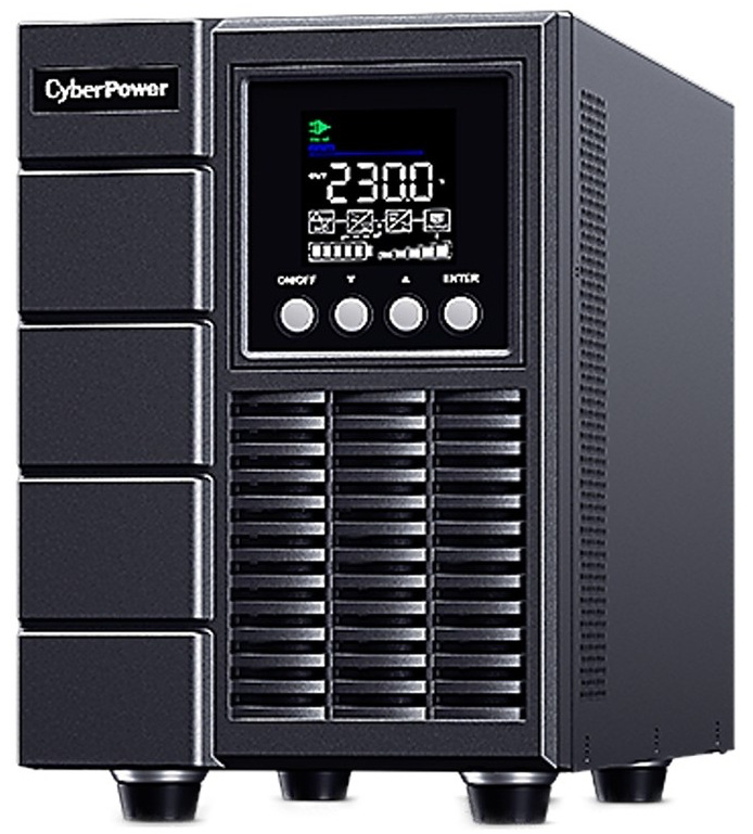 Na obrázku je záložní zdroj CyberPower OnLine S 2000VA/1800W v černém věžovém provedení. Má hranatou robustní skříň, v horní části barevný displej s provozními údaji a pod ním čtyři kulatá ovládací tlačítka. Spodní část přední strany vyplňuje velká ventilační mřížka a zařízení stojí na čtyřech krátkých nožkách. Celkově působí profesionálně, pevně a technicky.