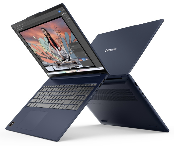 Notebook Lenovo IdeaPad Slim 5 z několika úhlů s grafickým editorem na displeji