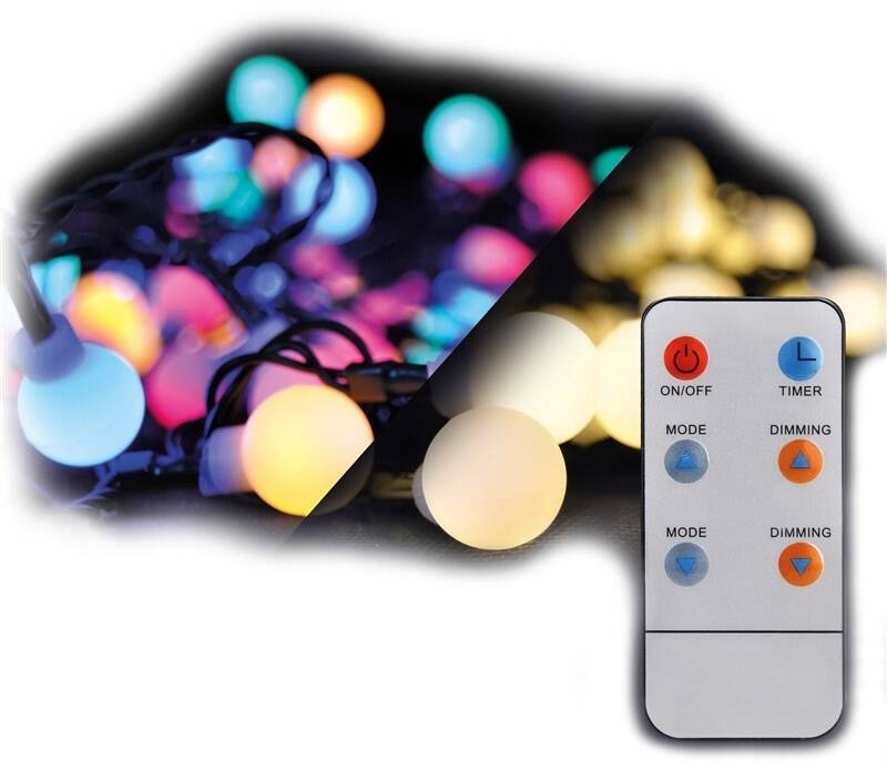 Vánoční osvětlení Solight řetěz - koule, dálkový ovladač, 200LED, RGB+bílá, 20m+5m, 8 funkcí, IP44