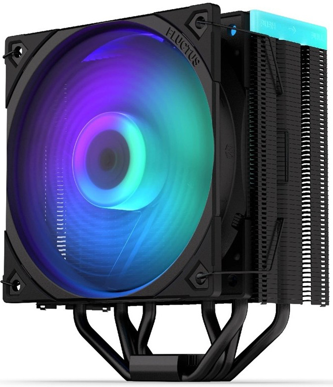 Na obrázku je chladič procesoru CPU ENDORFY Fera 5 Black ARGB. Vlevo je velký kulatý ventilátor s duhovým RGB podsvícením, který žene vzduch skrz chladič. Vpravo je blok hustých kovových žeber (radiátor), do kterého vedou zahnuté kovové trubičky zespodu (heatpipe), odvádějící teplo z procesoru. Celý chladič je černý a má tvar kompaktní věže s ventilátorem na boku.