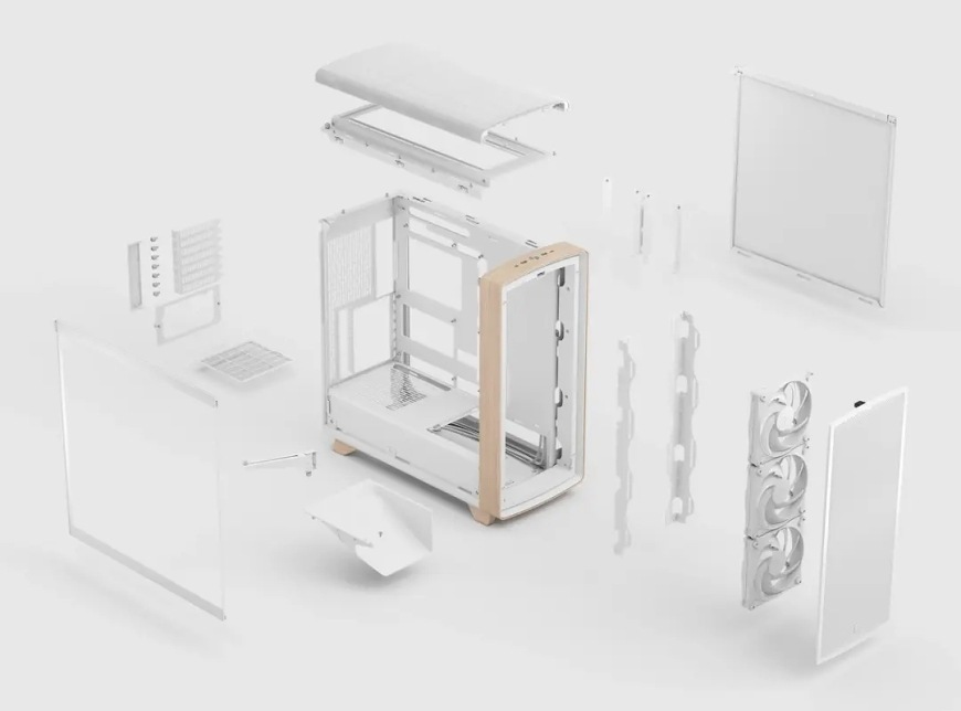 Case FRACTAL DESIGN Summit Chalk White TG Clear Tint bílá Rozložená konstrukce skříně FRACTAL DESIGN Summit Chalk White TG Clear Tint s panely, ventilátory a jednotlivými konstrukčními prvky