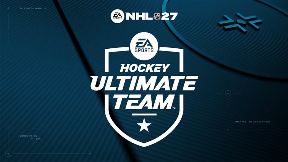 Logo Hockey Ultimate Teamu (HUT) od EA Sports NHL 27 na tmavě modrém texturovaném pozadí, na kterém je bílý štít, hokejový puk a hvězda.