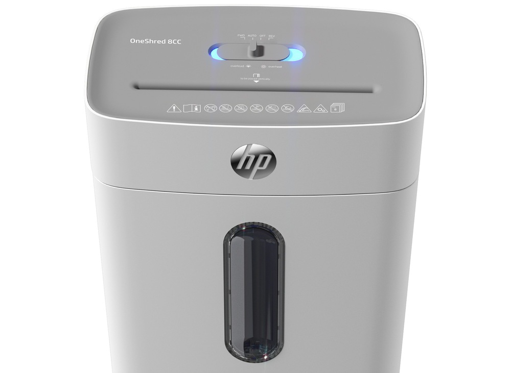 Skartovač HP OneShred 8CC bílý Skartovač HP OneShred 8CC provádí skartaci bezpečným křížovým řezem
