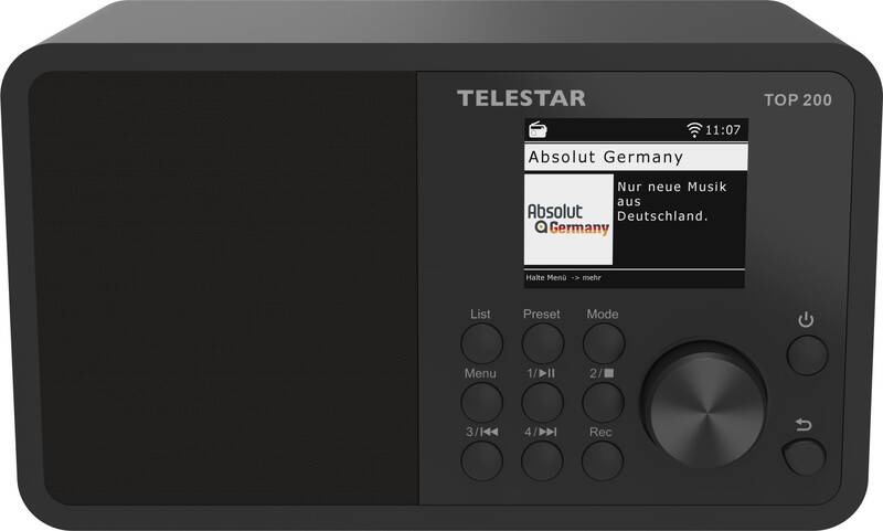 Internetový radiopřijímač s DAB+ Telestar TOP 200 černý Internetové rádio Telestar TOP 200 v černém provedení s barevným displejem a ovládacími tlačítky na předním panelu
