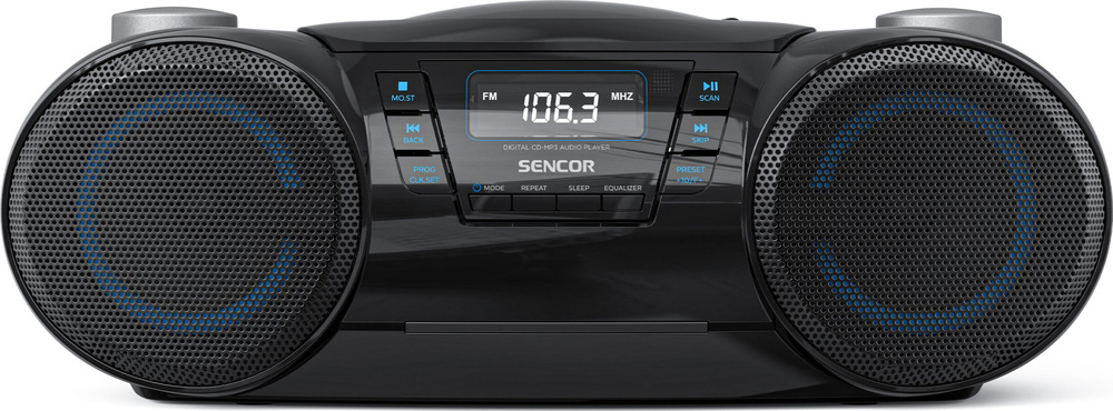 Radiopřijímač s CD Sencor SPT 4710B černý Sencor přenosné rádio s CD přehrávačem a FM displejem 106,3 MHz, čelní pohledem a FM displejem 106,3 MHz, čelní pohled.