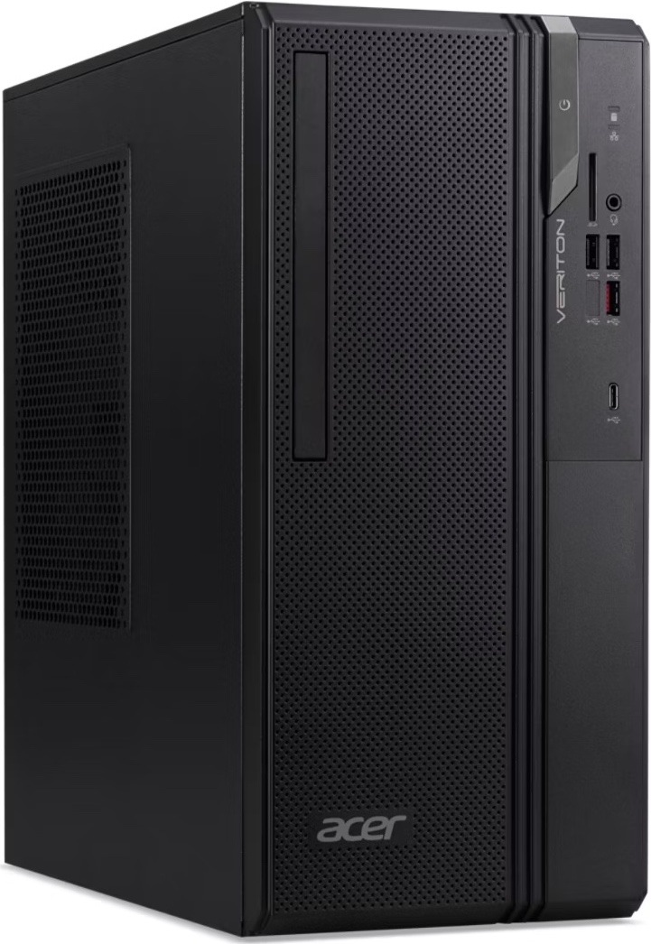 Na obrázku je stolní počítač Acer Veriton S2735G v černém provedení. Skříň má kompaktní hranatý tvar, perforovaný přední panel pro proudění vzduchu a boční větrací mřížku. Na přední straně je svislá mechanika a ovládací panel s tlačítkem napájení, čtečkou karet, audio konektorem, několika USB porty včetně USB-C a logem Veriton. Dole na čelní mřížce je logo Acer.