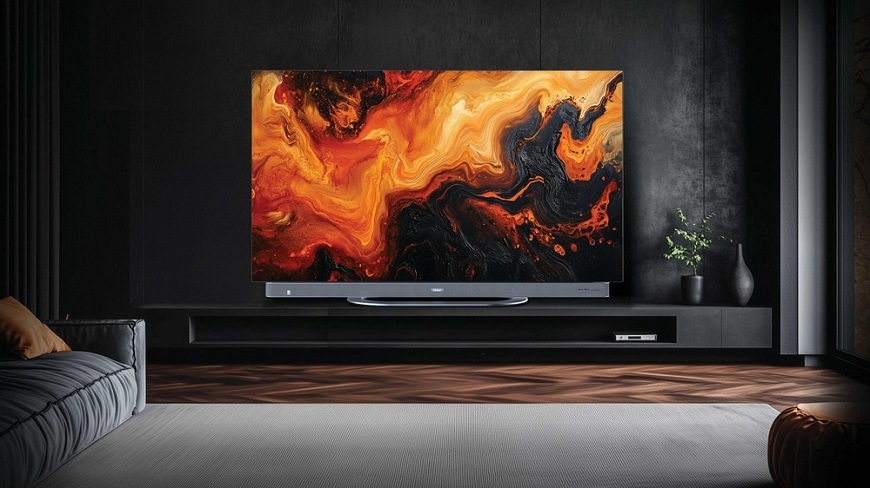 Televize Haier H65C95EUX je na polici v obývacím pokoji