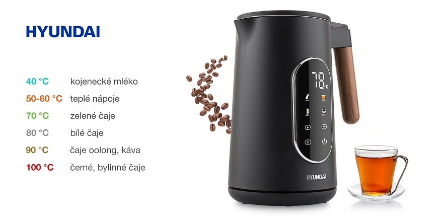 Rychlovarná konvice Hyundai VK690B černá Infografika černé konvice Hyundai VK 690 s přehledem doporučených teplot: 40 °C pro kojenecké mléko, 70 °C pro zelené čaje, až po 100 °C pro černé a bylinné čaje.