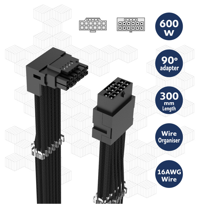 AKASA G-Nexus PX16, 90° 12VHPWR Extension Cable nabízí pravoúhlé zapojení 12VHPWR