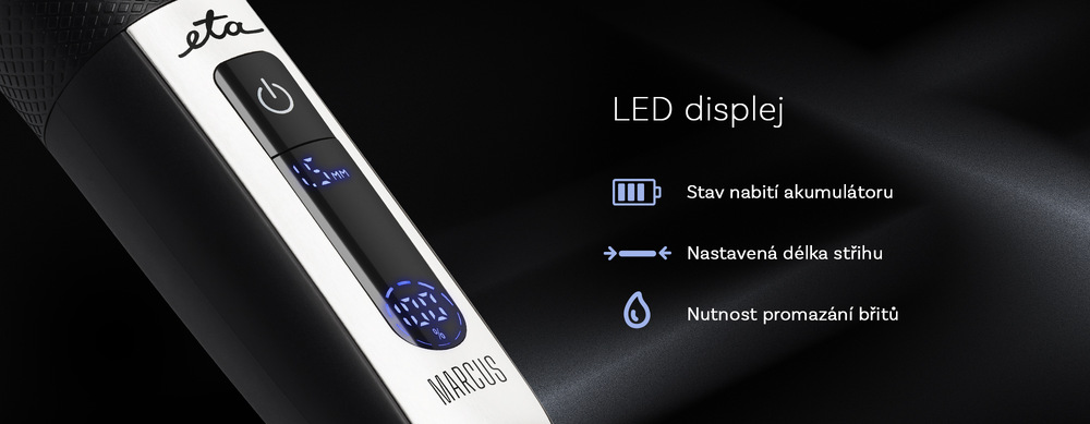 Detail na LED displej zastřihovače vlasů ETA Marcus a jeho funkce