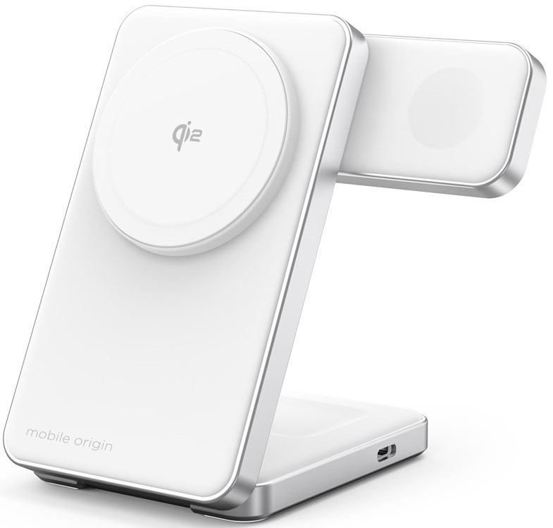 Bezdrátová nabíječka Mobile Origin Qi2 CompactStand 3in1 - stříbrná/bílá