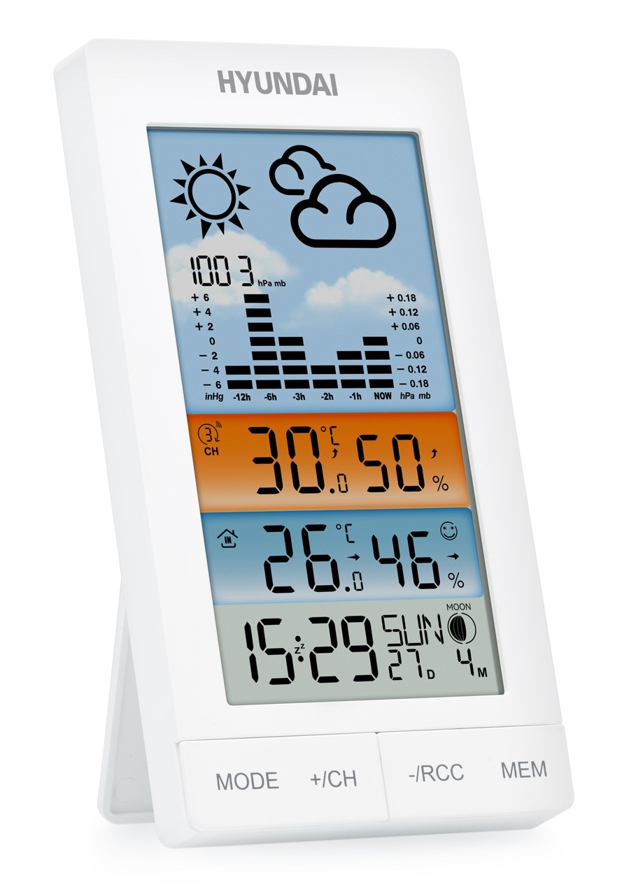 Meteorologická stanice Hyundai WS 2050 bílá Bílá meteorologická stanice Hyundai WS 2050 přehledně zobrazující informace o počasí