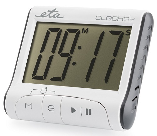 Bílá kuchyňská minutka ETA Clocksy ukazující čas 9:17 na velkém LCD displeji