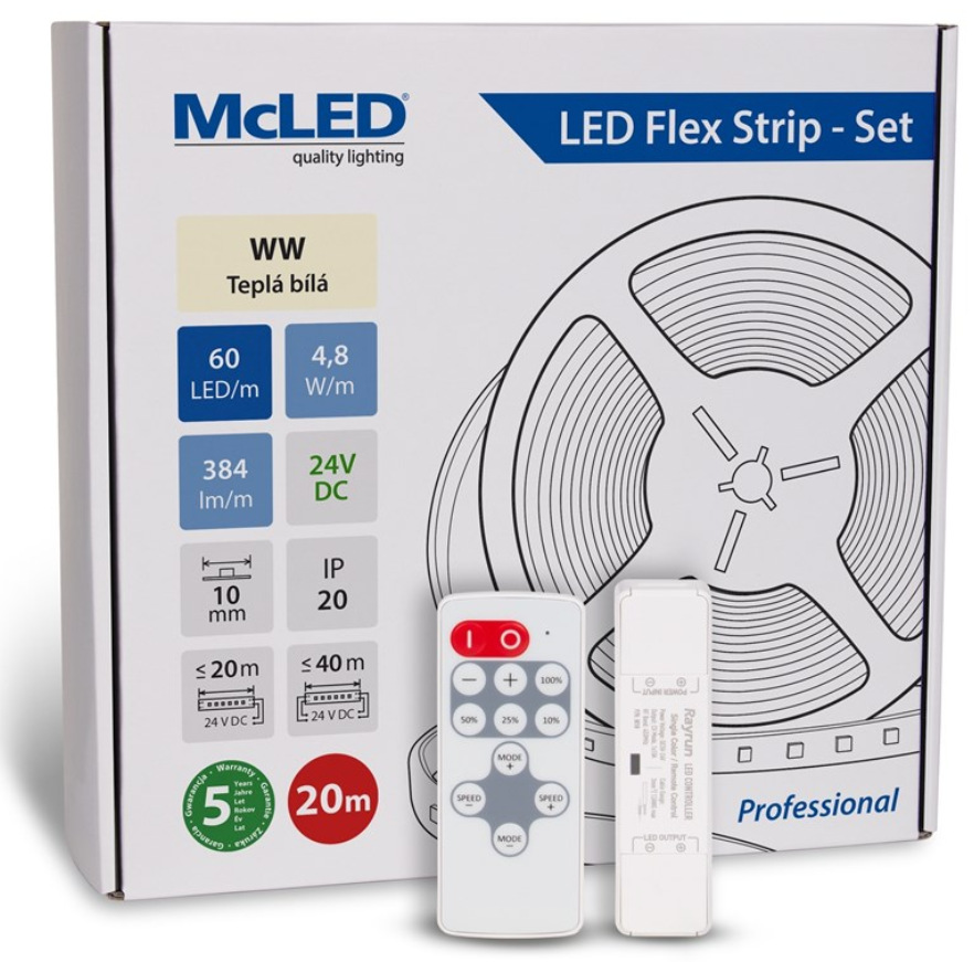 LED pásek McLED s ovládáním Nano - sada 20 m - Professional, 60 LED/m, WW, 384 lm/m, vodič 3 m McLED s ovládáním Nano - sada 20 m - Professional, 60 LED/m, WW, 384 lm/m, vodič 3 m (ML-126.873.60.S20002)
