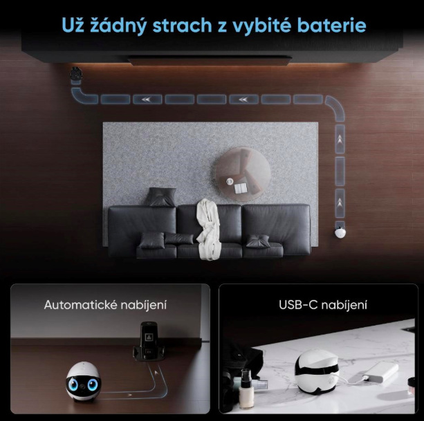 IP kamera Enabot EBO Air 2 Plus se vrací k dokovací stanici pro automatické nabíjení a podporuje USB-C nabíjení