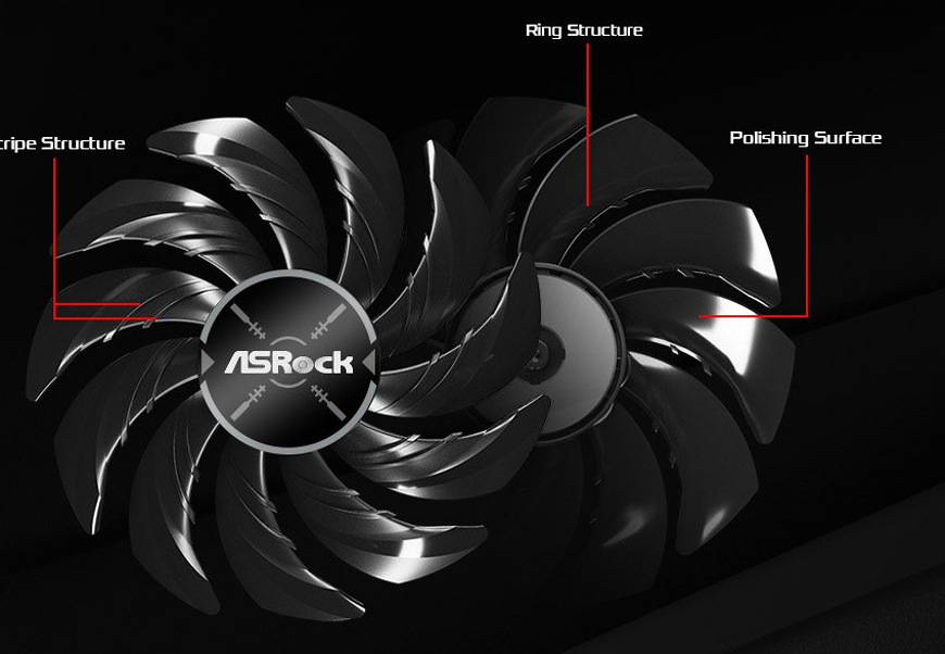 Detail struktury lopatek ventilátoru grafické karty ASRock RX 9060 XT Challenger
