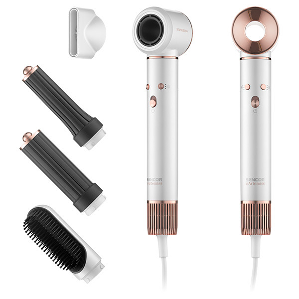 Přední a zadní pohled na foukací kulmu Sencor SHS 9100RS Artemiss a její nástavce.