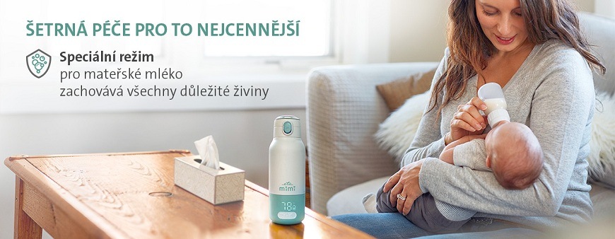 Ohřívač kojeneckých lahví ETA Mimi s digitálním displejem na stole. V pozadí matka krmící miminko. Text zdůrazňuje speciální režim pro mateřské mléko, který zachovává živiny