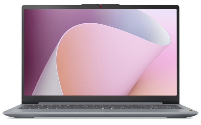 Notebook Lenovo IdeaPad Slim 3 15AMN8 šedý Šedý notebook Lenovo IdeaPad Slim 3 15AMN8 zepředu s otevřeným 15,6″ displejem
