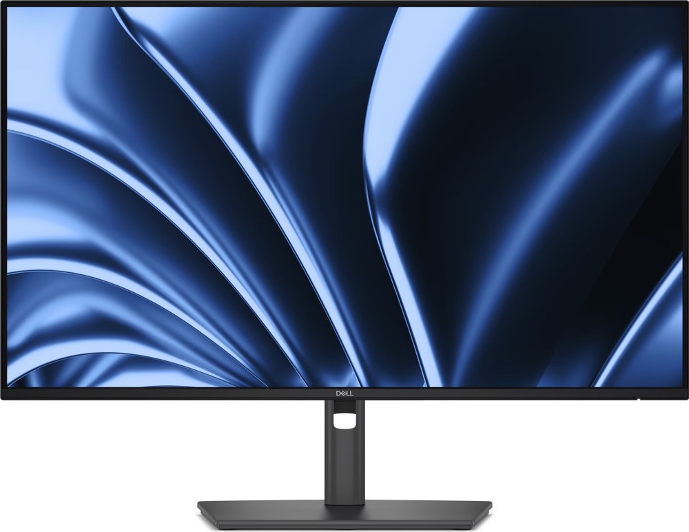 Čelní pohled na šedý monitor Dell s tenkými rámečky, centrálním stojanem s otvorem pro kabely a širokou obdélníkovou základnou.