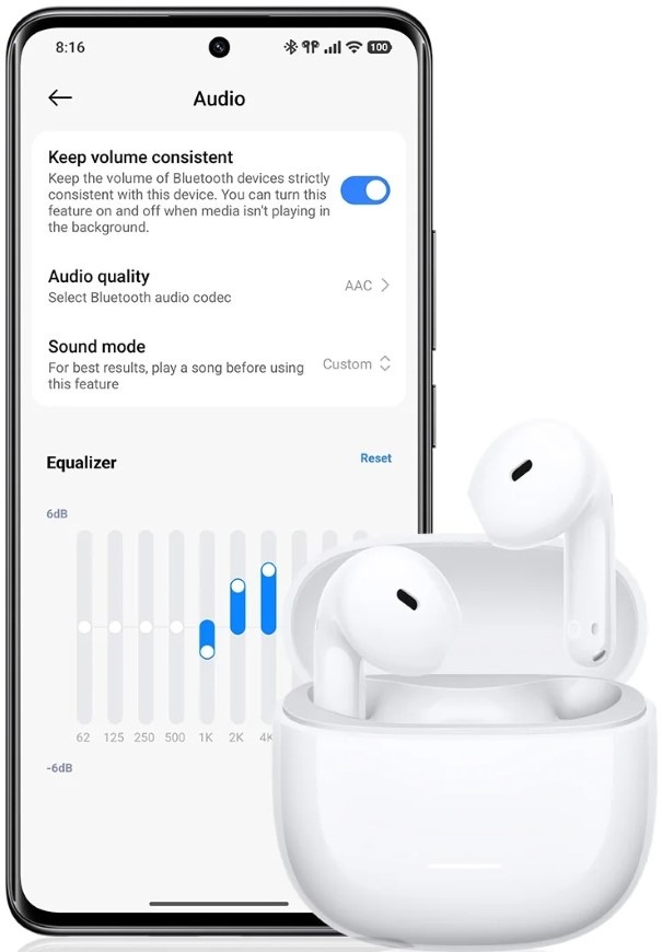 Ukázka nastavení ekvalizéru v mobilní aplikaci pro bezdrátová sluchátka REDMI Buds 8 Active