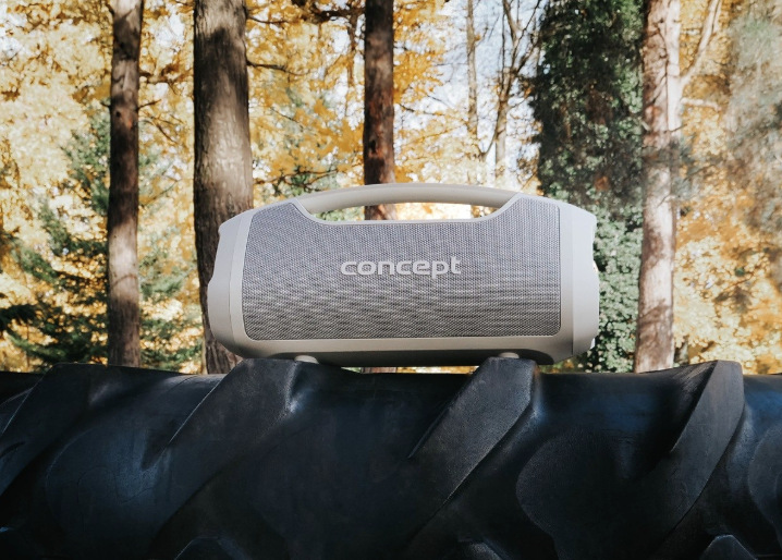Šedý reproduktor Concept SoundJoy BR5061 umístěný venku během posezení v parku