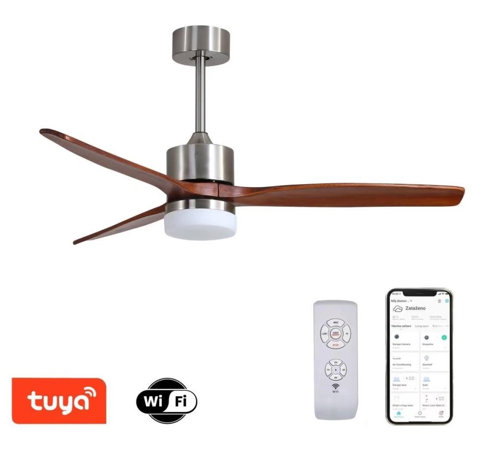 Stropní svítidlo IMMAX NEO LITE ELEGANTE SMART LED s ventilátorem Wi-Fi, TUYA stříbrné/dřevo