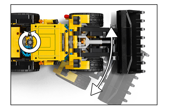 Stavebnice LEGO® Technic 42209 Kolový nakladač Volvo L120 Electric Pomocí kolečka mohou děti ovládat lopatu nakladače a předstírat nakládání, přesouvání i přípravu materiálu.