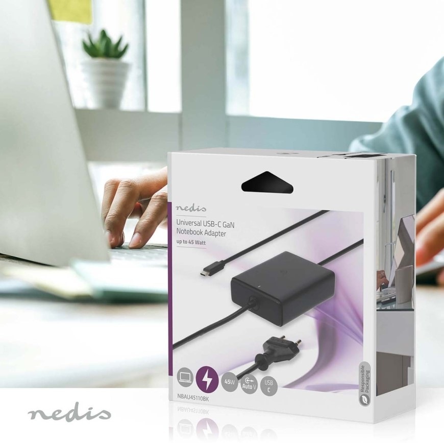 Napájecí adaptér Nedis GaN 45 W, univerzální, USB-C černý Napájecí adaptér Nedis GaN 45 W, univerzální, USB-C